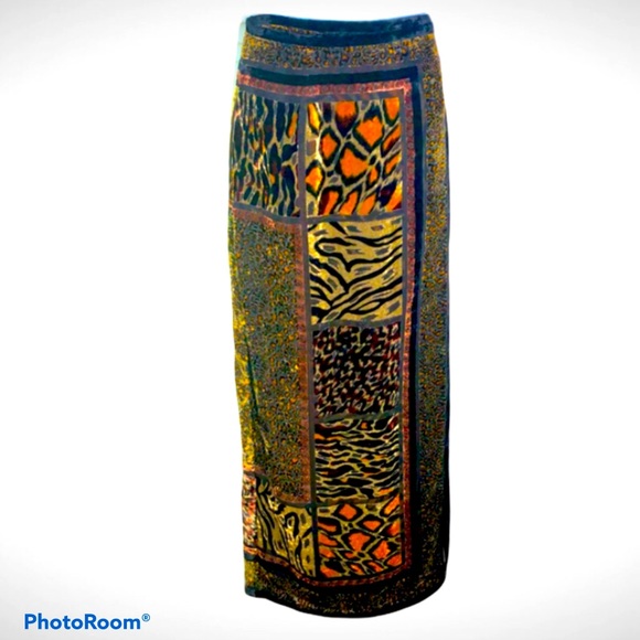 Vintage Carole Little Dresses & Skirts - VTG CAROLE LITTLE VELVET BURNOUT WRAP MAXI SKIRT, BLOCK-DESIGN ANIMAL PRINT 10